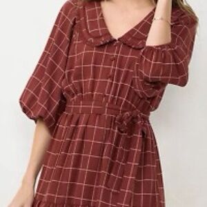 LC Lauren Conrad Burgundy Plaid Ruffle Shirt Dress | Size Large NWT